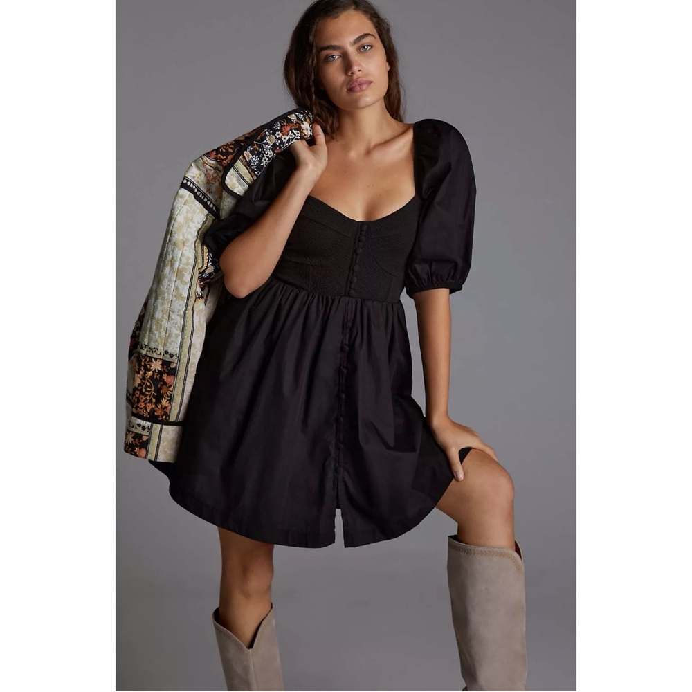 Anthropologie Maeve Puff-Sleeved Sweetheart Mini Dress in Black‎